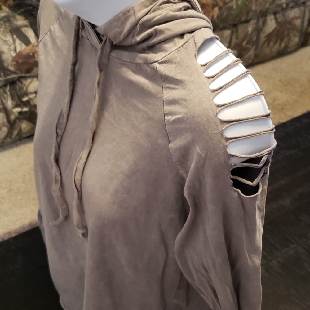🖤Gray Ladder Slash Cut Sleeve Hoodie Top - Picture 4 of 4